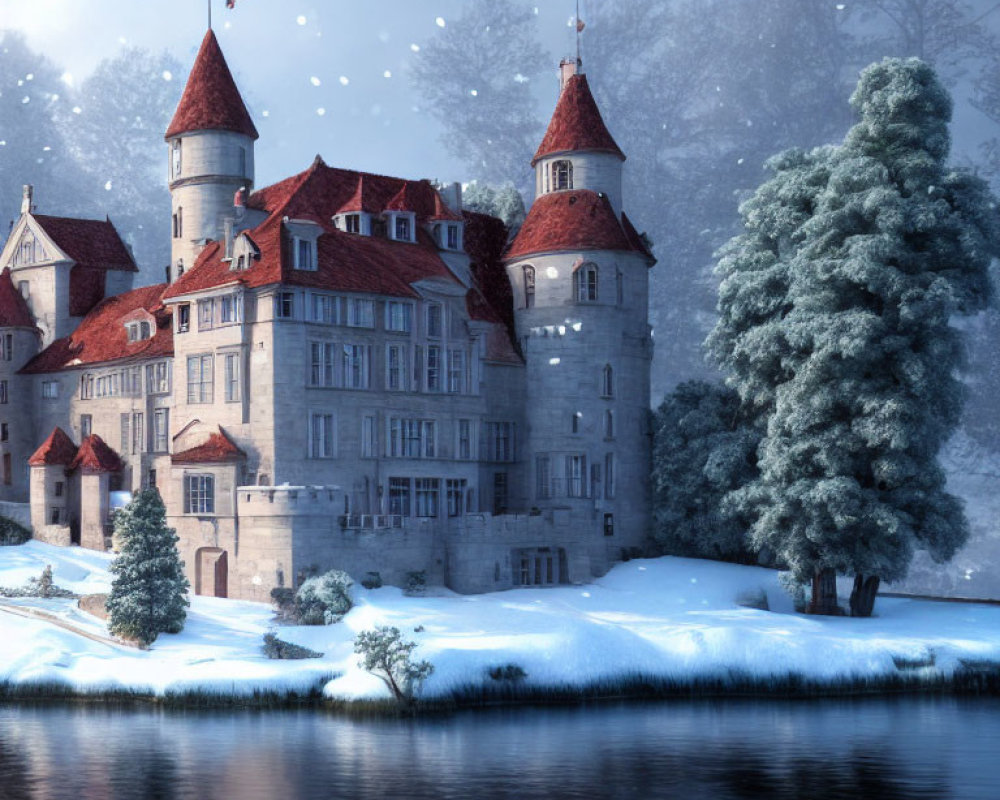 Snow-covered castle by tranquil lake in winter twilight