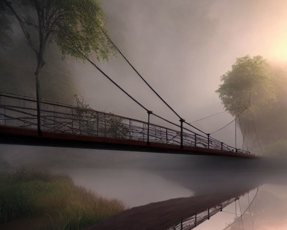 Foggy suspension bridge over calm river with reflection