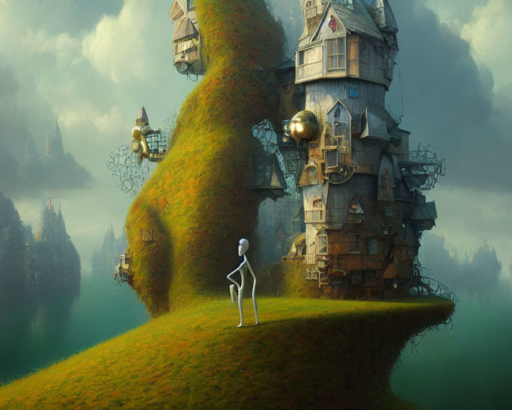 Surreal landscape with whimsical house on grassy hill