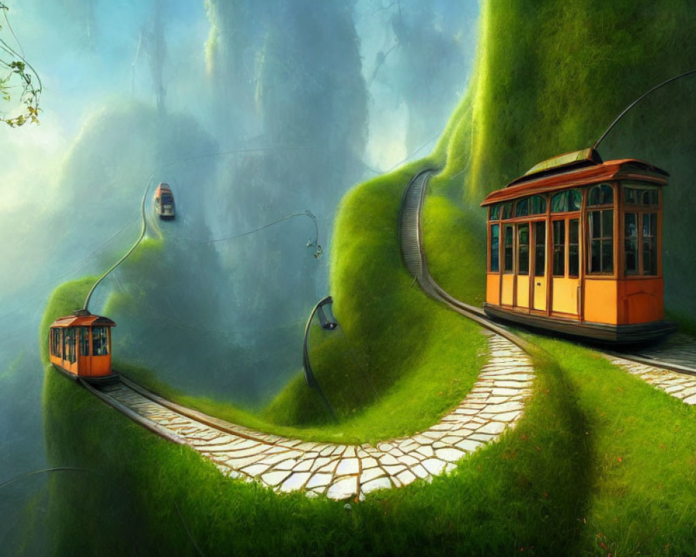 Vintage Trams on Curved Tracks in Whimsical Landscape
