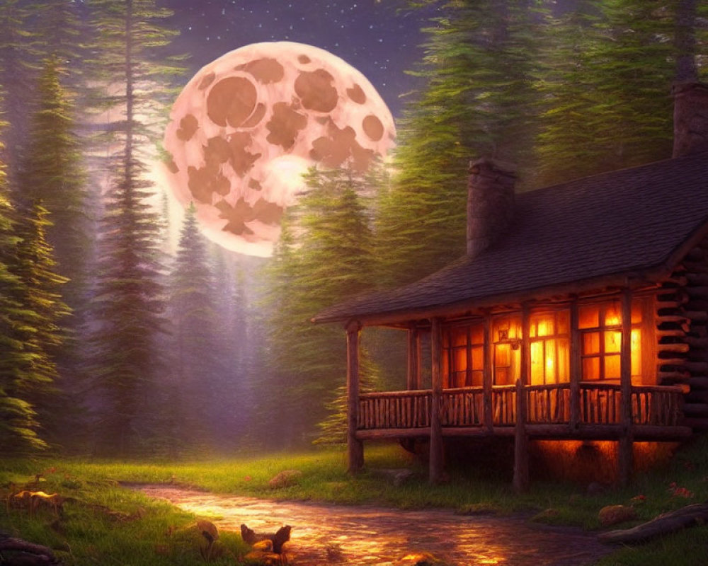 Cozy log cabin nestled among tall pines under glowing moon