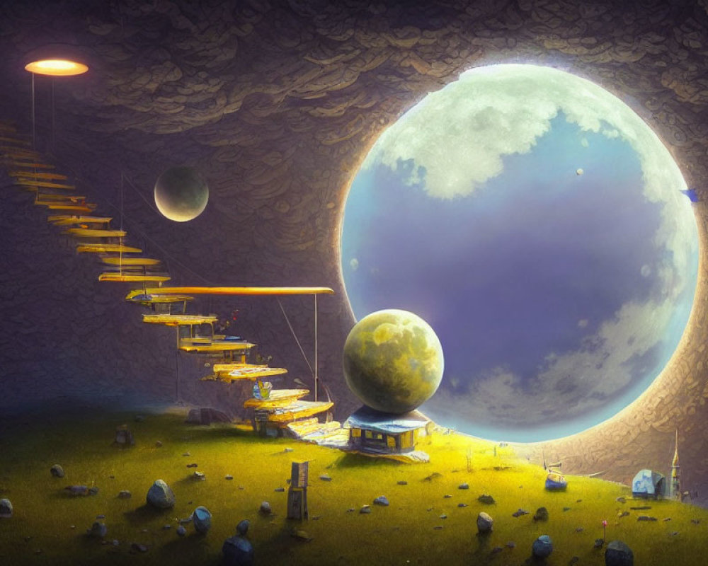 Surreal landscape with moons, glowing staircase, hut, and rocks under twilight sky