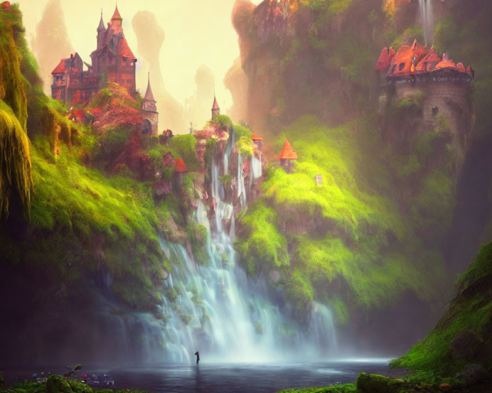Mystical landscape with greenery, waterfalls, and fairytale castles