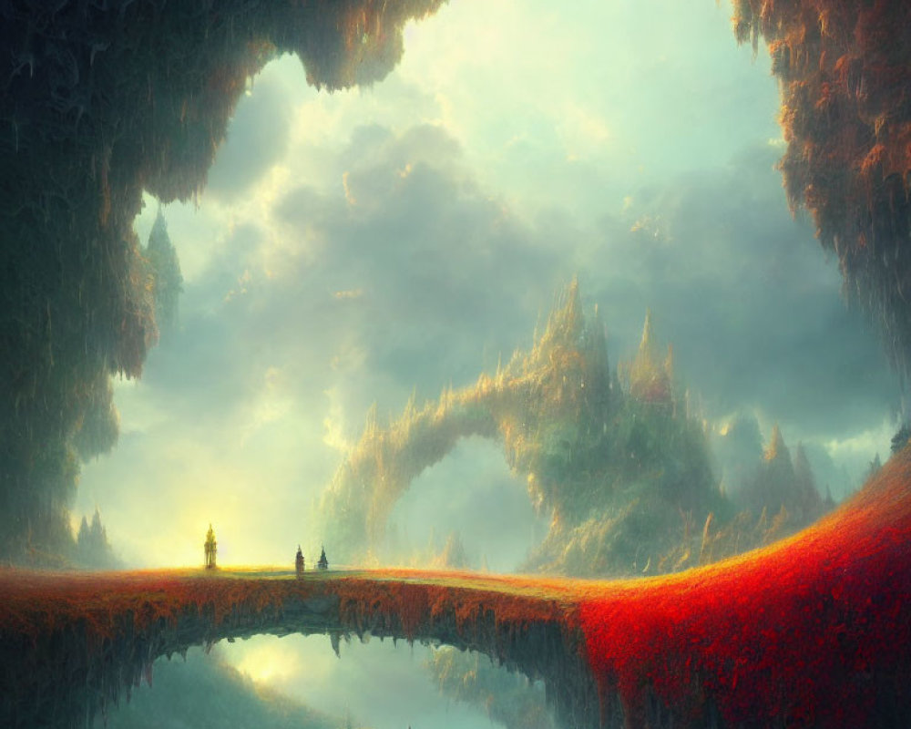 Surreal landscape with inverted mountainous skyline and verdant field connected by natural bridge under dreamy