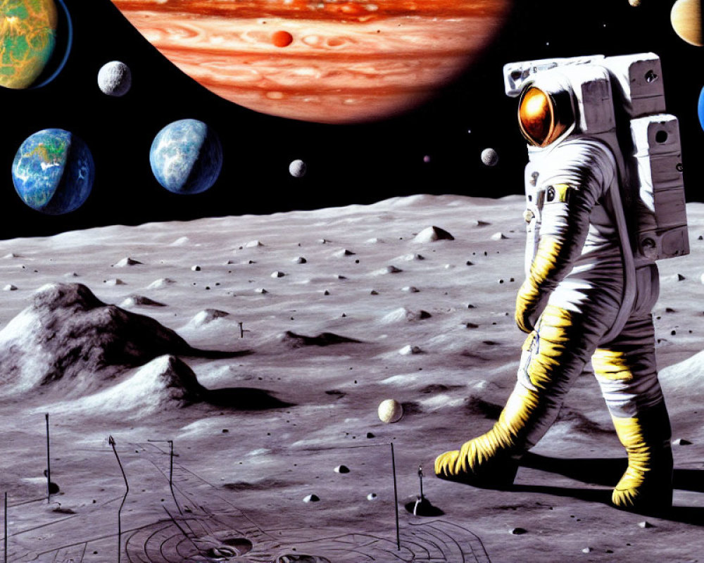Astronaut in white spacesuit on moon with vibrant solar system and planets.