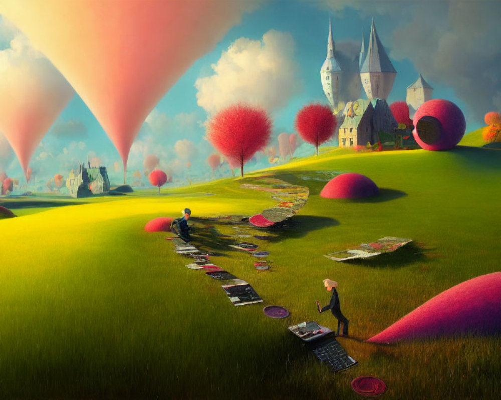 Vibrant cloth patterns on green field with castle, colorful trees, and pink tornado-like clouds