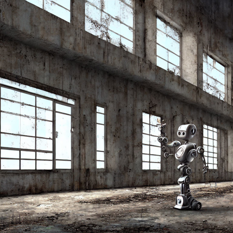 Whimsical robot with multiple arms in old industrial building
