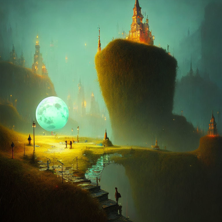 Enormous glowing orb in twilight landscape with tree, castles, and figures