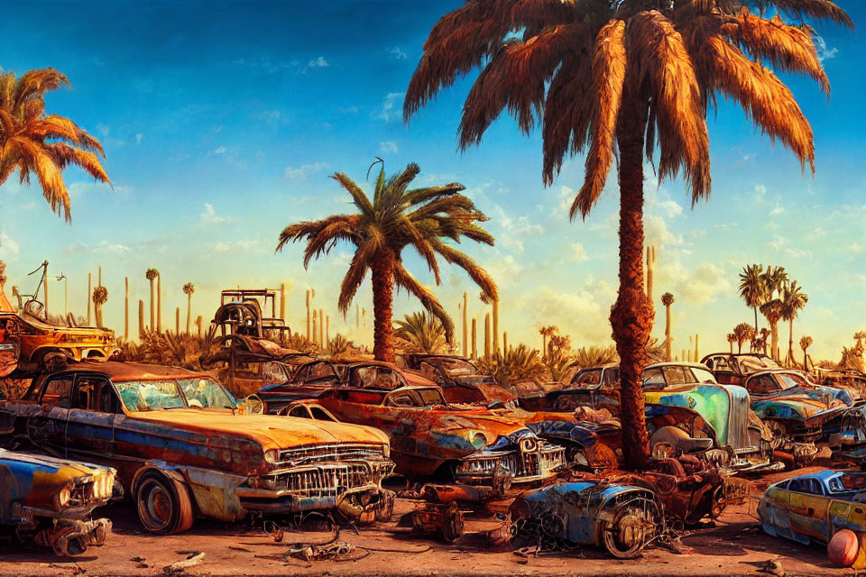 Vintage Car Junkyard with Rusting Vehicles and Palm Trees Under Clear Sky