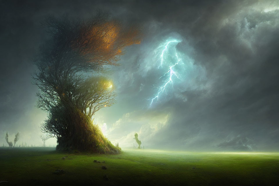 Mystical landscape with large tree, orange leaves, lightning bolt