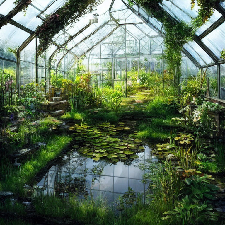 Greenhouse with Pond, Water Lilies, Abundant Greenery, Glass Structure