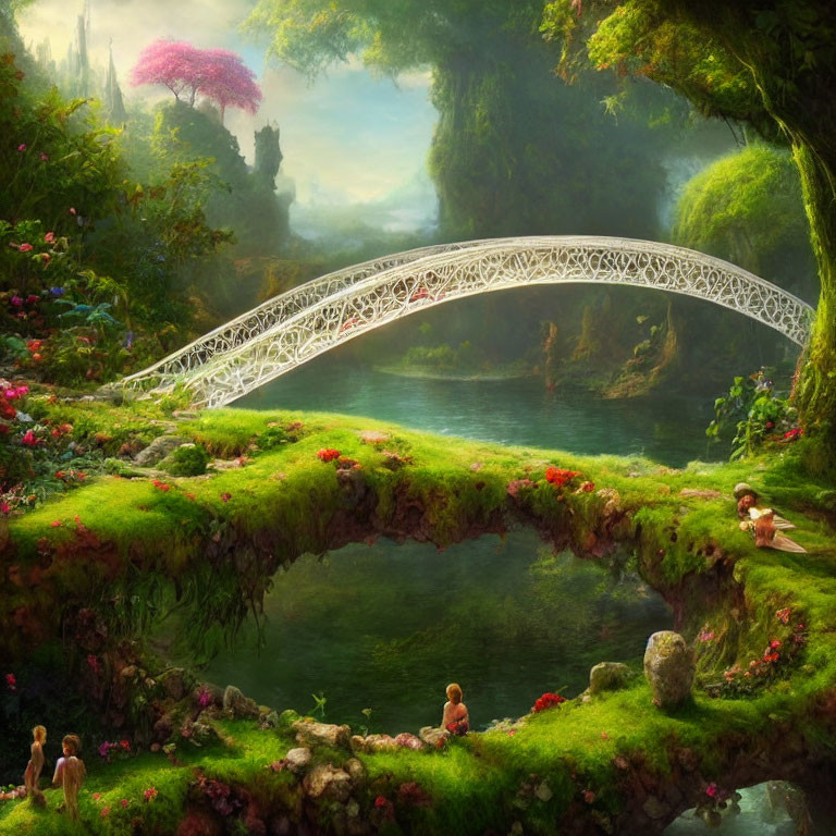Fantasy landscape with white arched bridge over river and lush green cliffs