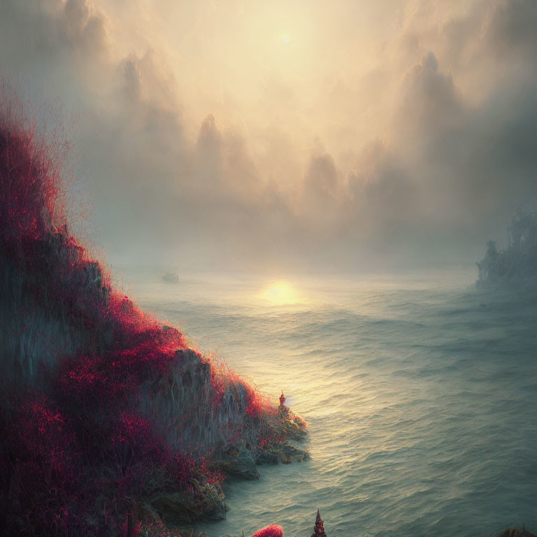 Tranquil Sunset Seascape with Cliff and Pink Foliage