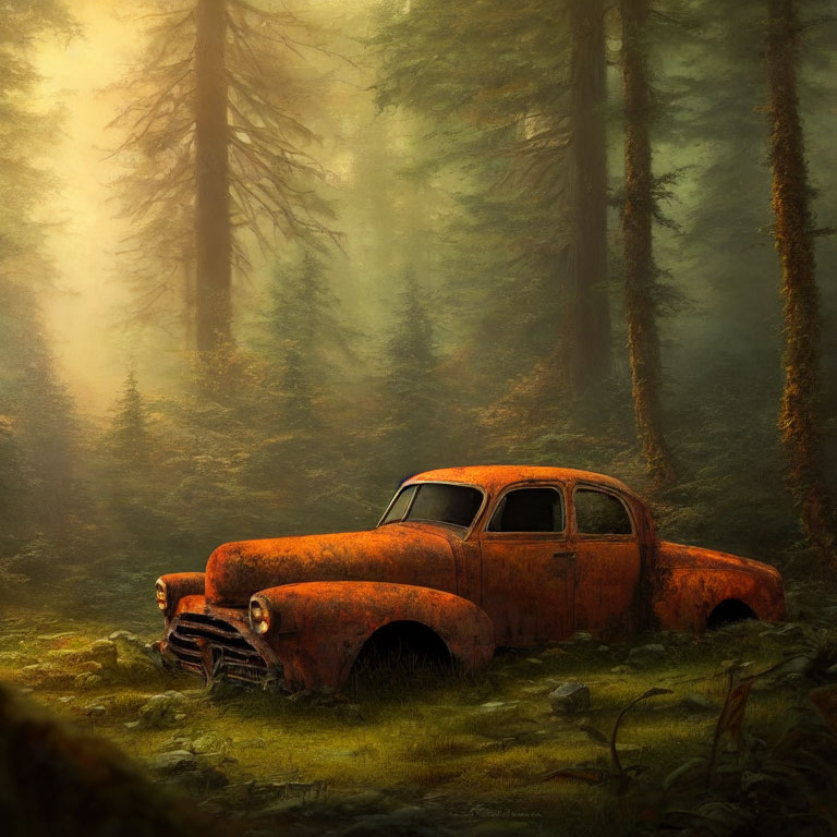 Abandoned rusty car in misty forest with sunlight filtering through trees