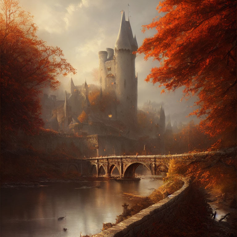 Stone bridge over river to ancient castle in autumnal scene