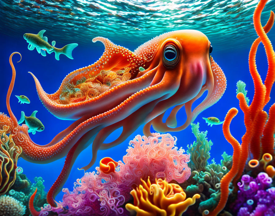 Colorful underwater scene with octopus, coral, and marine life under sunlit water.