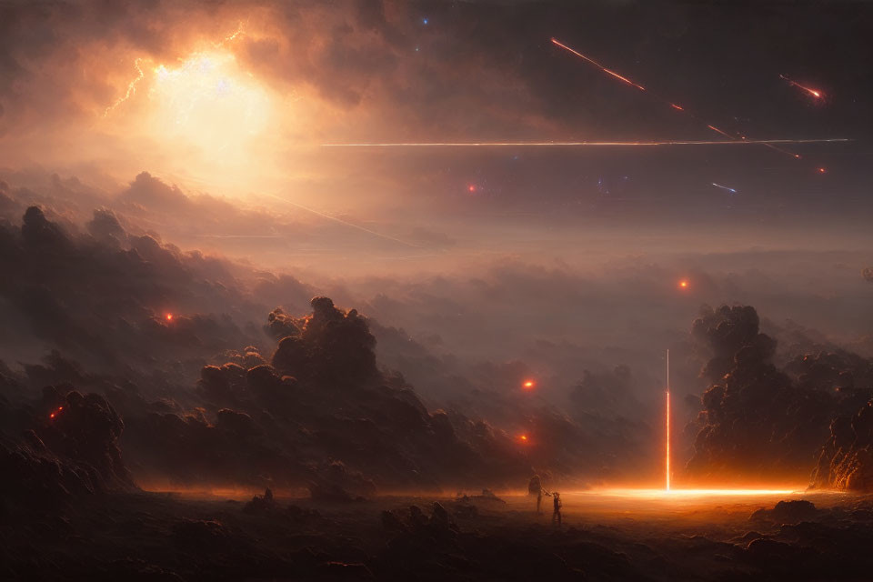 Sci-fi landscape with figures, explosion, and light streaks