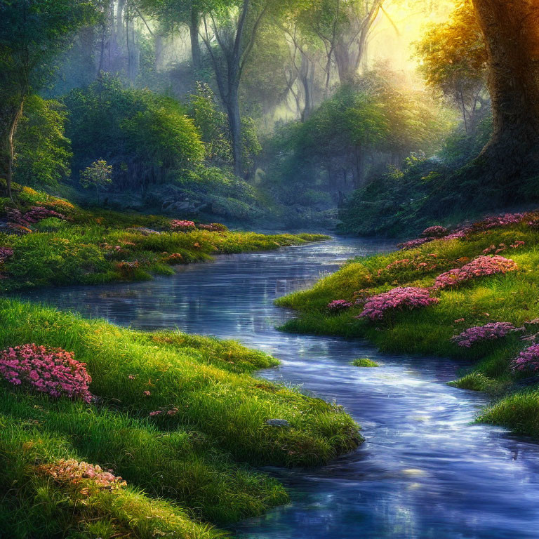 Tranquil forest scene with stream, greenery, wildflowers, and sunbeams