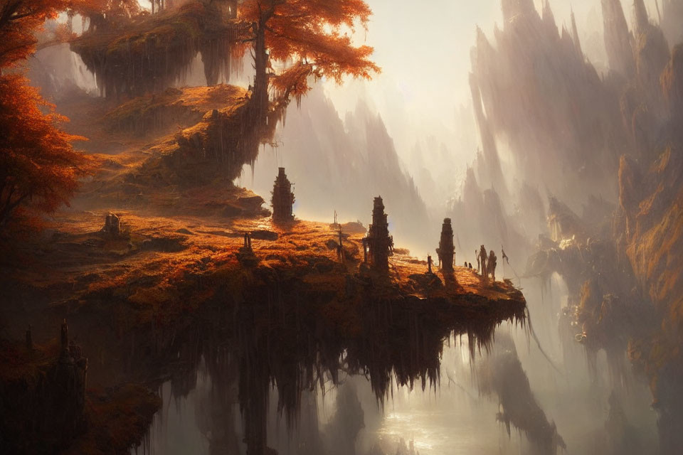 Fantasy landscape with autumn forest, floating island, ancient structures, and misty chasm.