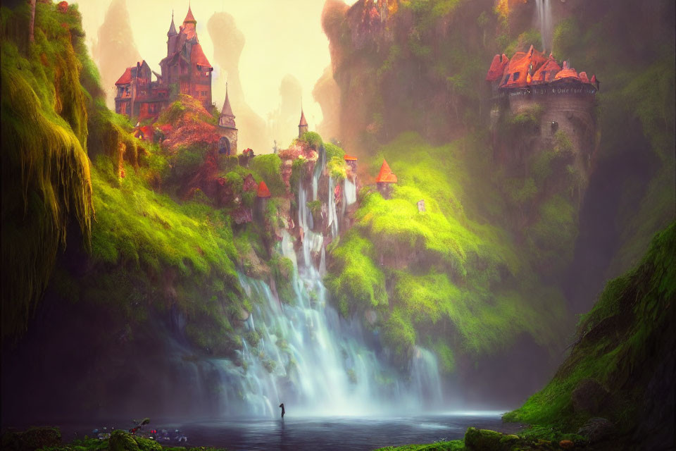 Mystical landscape with greenery, waterfalls, and fairytale castles