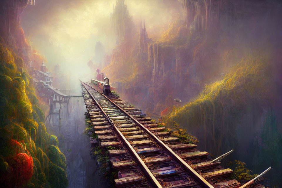 Fantastical landscape with train on wooden bridge, cliffs, lush greenery, and castle-like structures