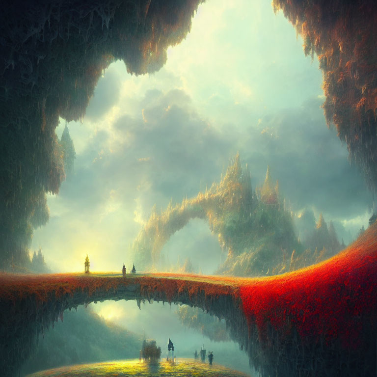 Surreal landscape with inverted mountainous skyline and verdant field connected by natural bridge under dreamy