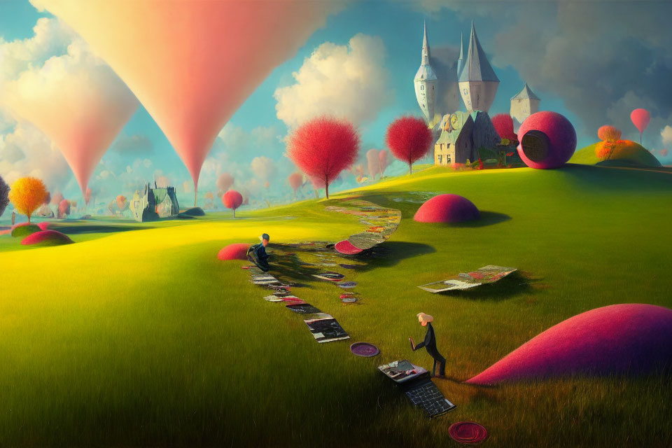 Vibrant cloth patterns on green field with castle, colorful trees, and pink tornado-like clouds