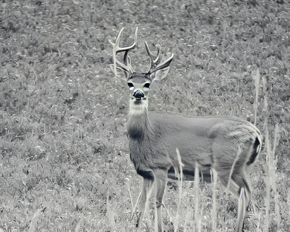 Monochrome image of deer with antlers in grassy field