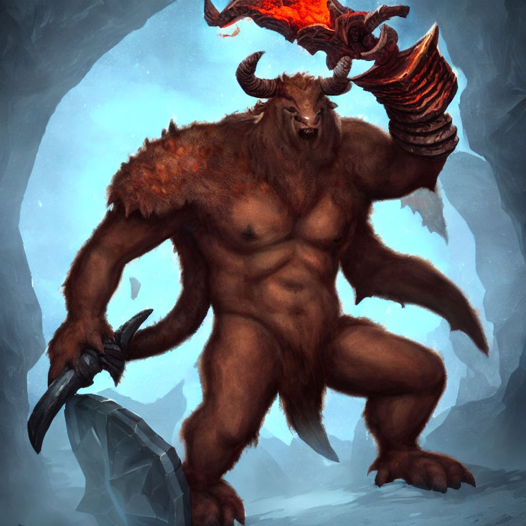 Fantasy creature with bull head, fiery horns, and clawed hands in icy setting