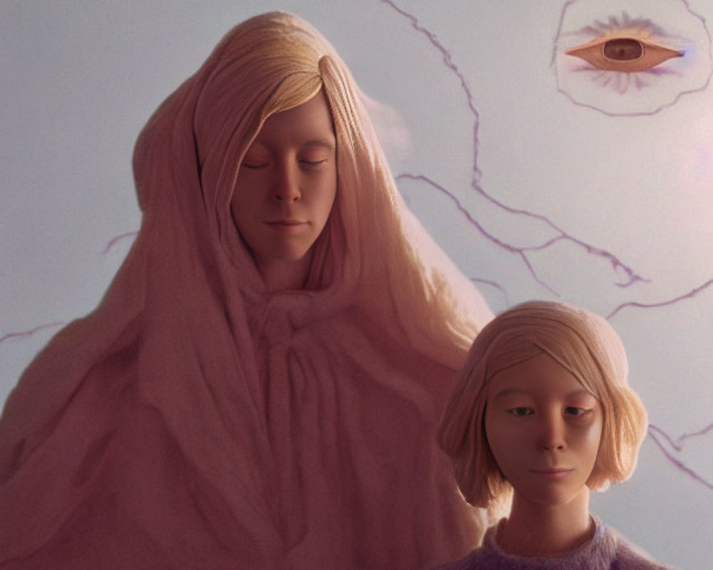 Two figures with closed eyes and pink cloth, eye and lightning patterns in the background