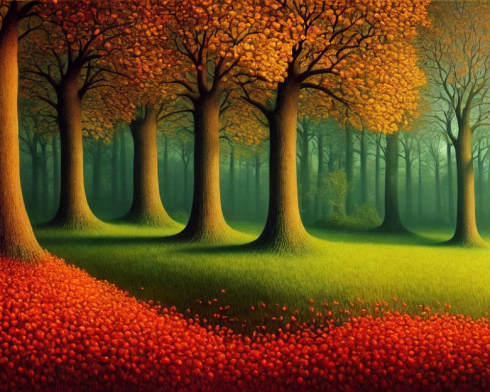 Autumn forest painting with red and golden foliage