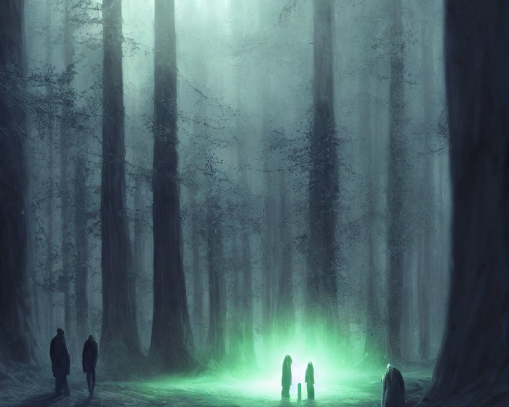 Misty forest scene with mystical green glow