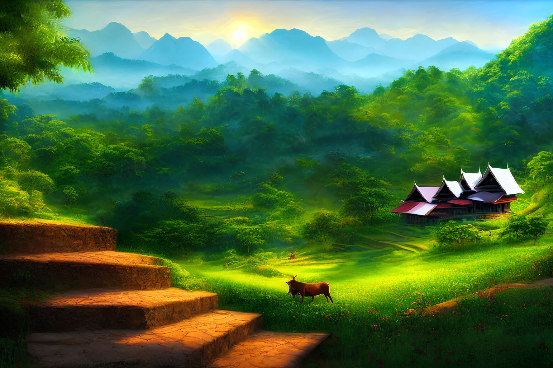 Tranquil landscape with sunlit mountains, traditional houses, cow grazing, and stone steps