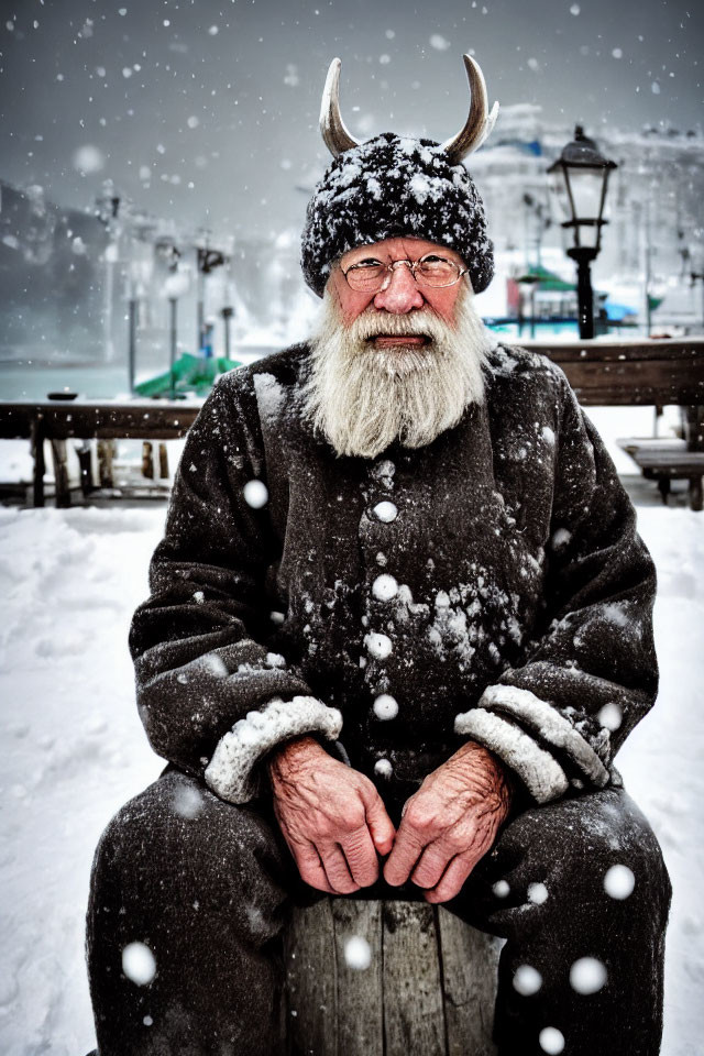 Elderly man in horned hat and warm coat on snowy bench