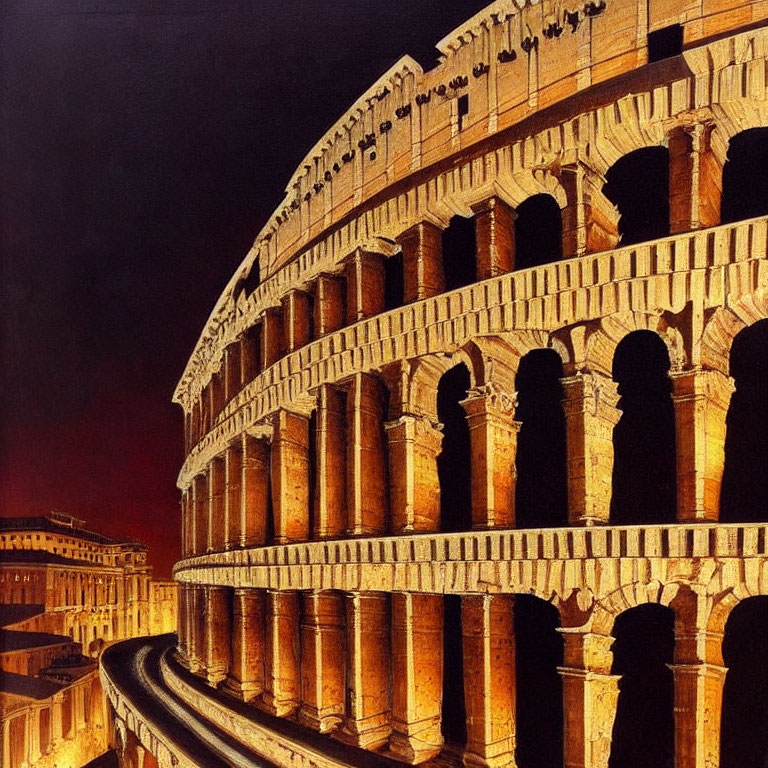 Illuminated Colosseum at Night: Ancient Arches Against Dark Sky