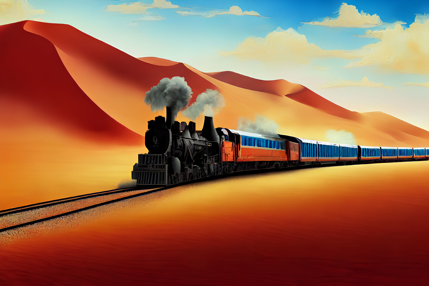 Vintage steam train in red-orange desert landscape with blue carriages