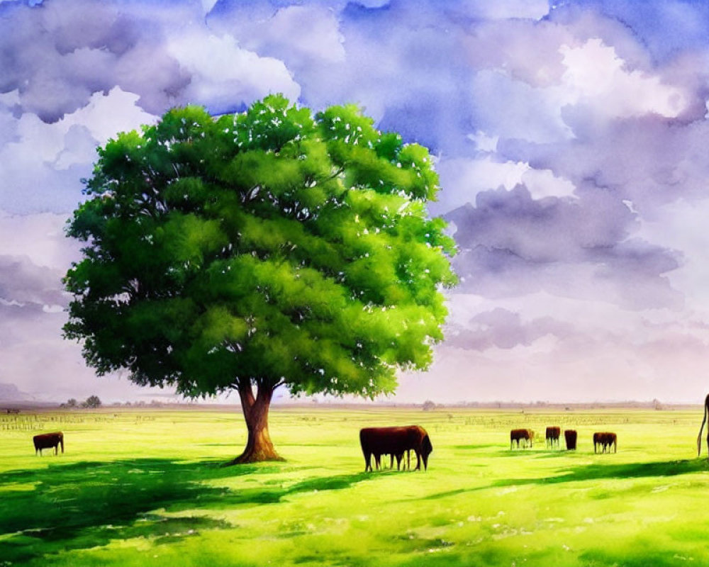 Tranquil landscape with green tree, grazing cows, and vast sky
