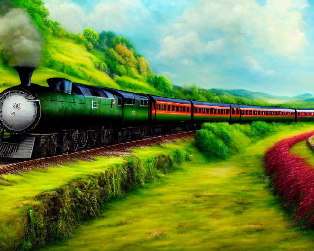 Colorful steam locomotive painting in lush countryside