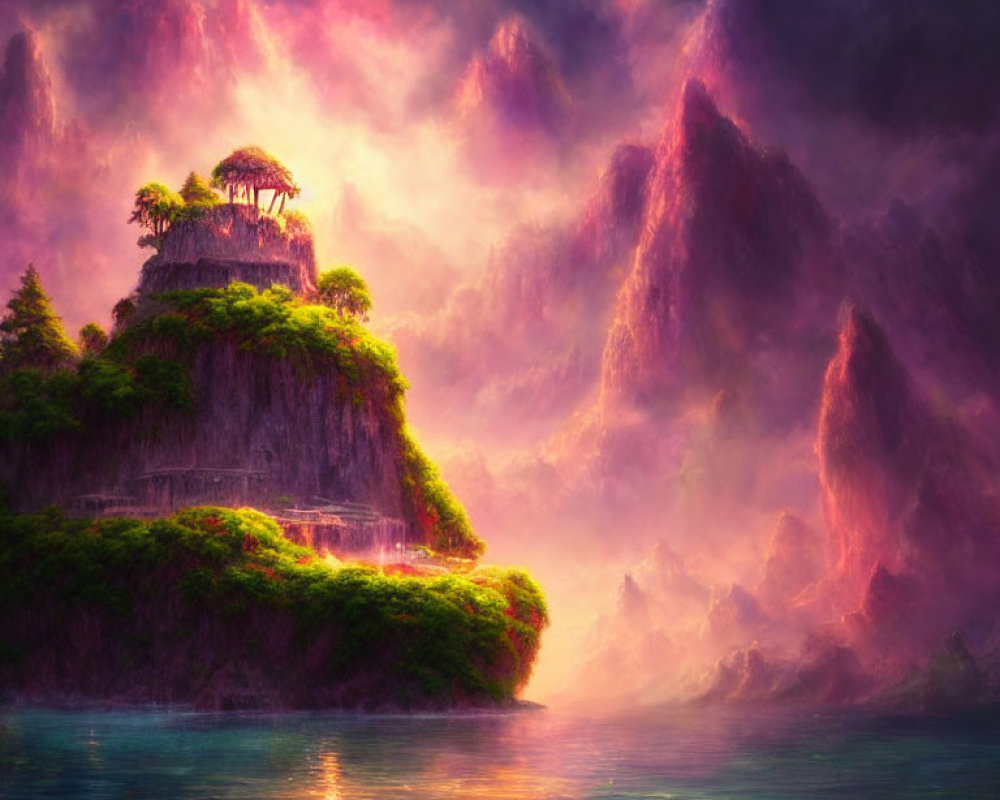 Mystical landscape with luminous sky, secluded island, gazebo, purple mountains, tranquil waters