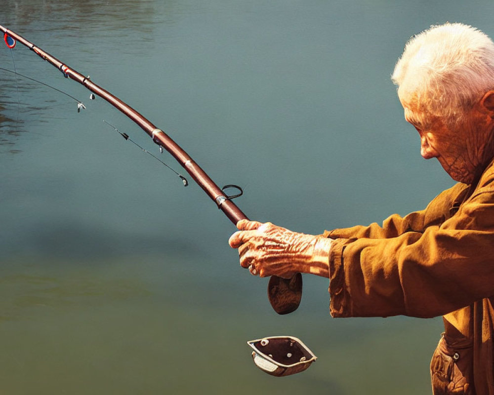 Elderly person fishing by tranquil water with bent rod