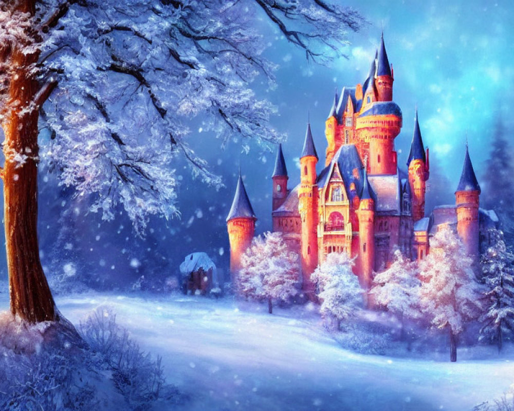 Enchanted castle in snowy landscape with frost-covered trees at twilight