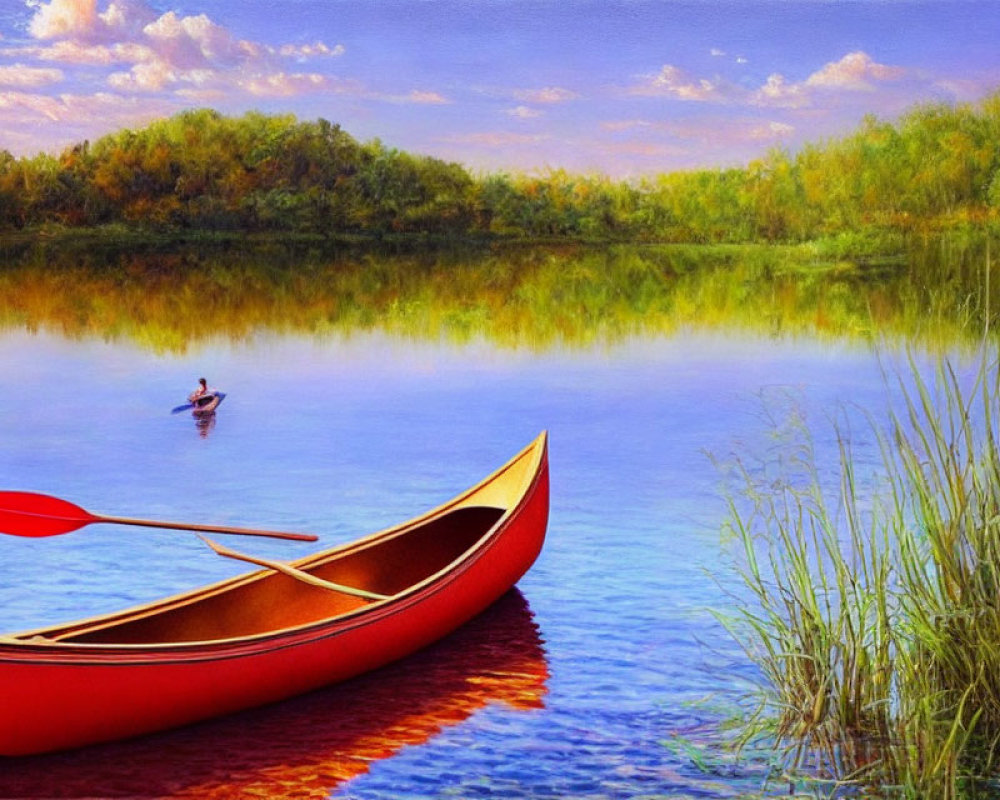 Tranquil lake scene with blue sky, red canoe, duck, and lush greenery