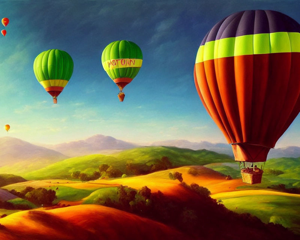 Vibrant hot air balloons in scenic landscape with green hills and blue sky