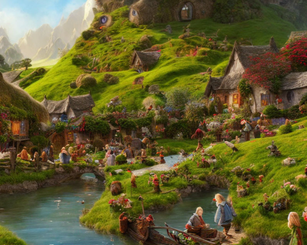 Charming village with hobbit-hole houses, greenery, flowers, and riverside setting