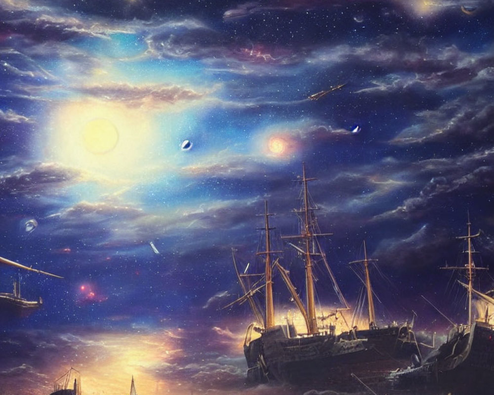 Fantastical scene of sailing ships in cosmic sky