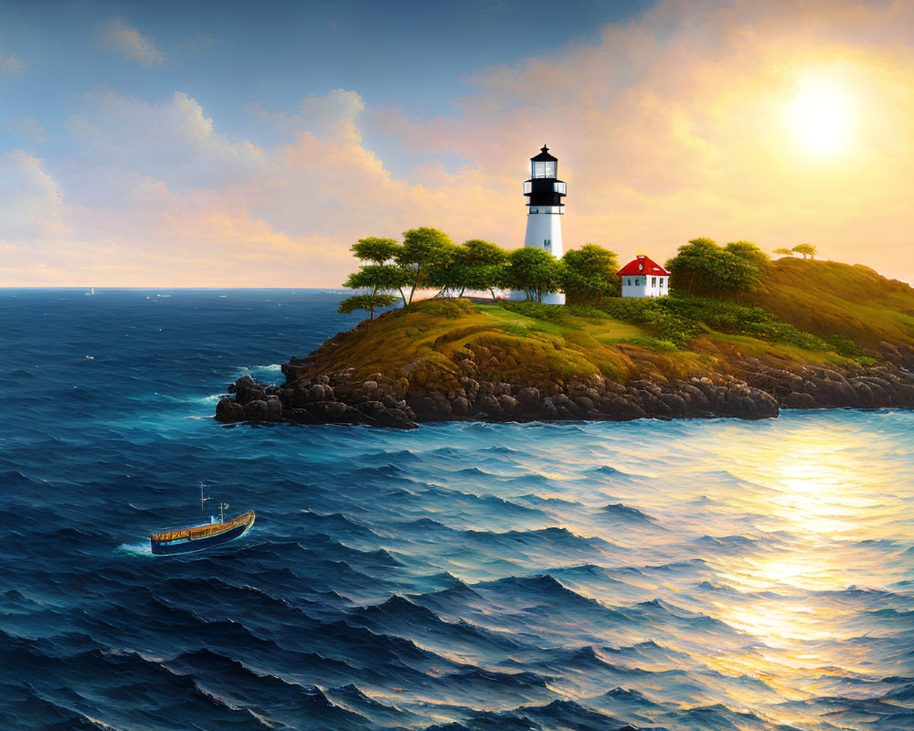 Lighthouse on Vibrant Green Islet at Sunset