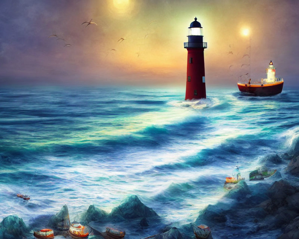 Red lighthouse on rocky shore with boat in stormy sea under dramatic sky.