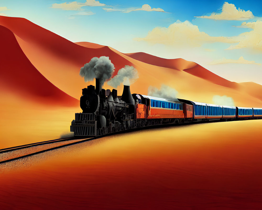 Vintage steam train in red-orange desert landscape with blue carriages