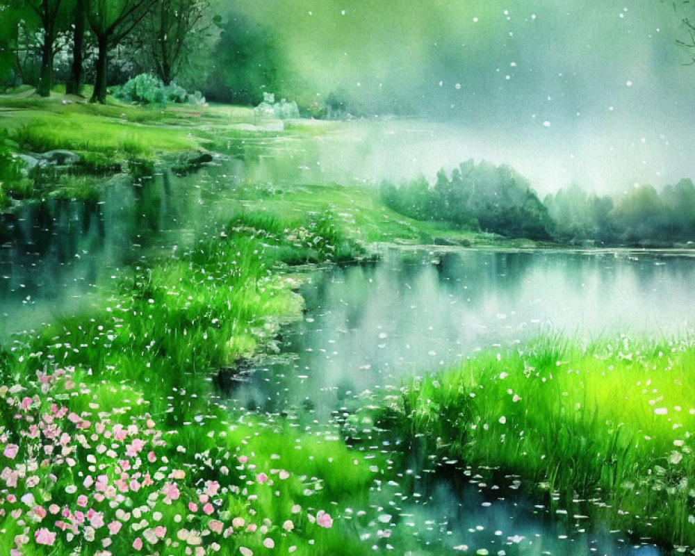 Tranquil watercolor painting of a serene lake in nature