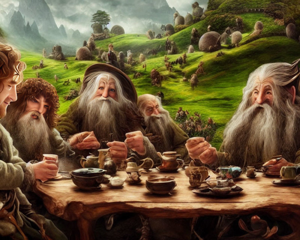 Fantasy characters gathering around rustic table in lush landscape